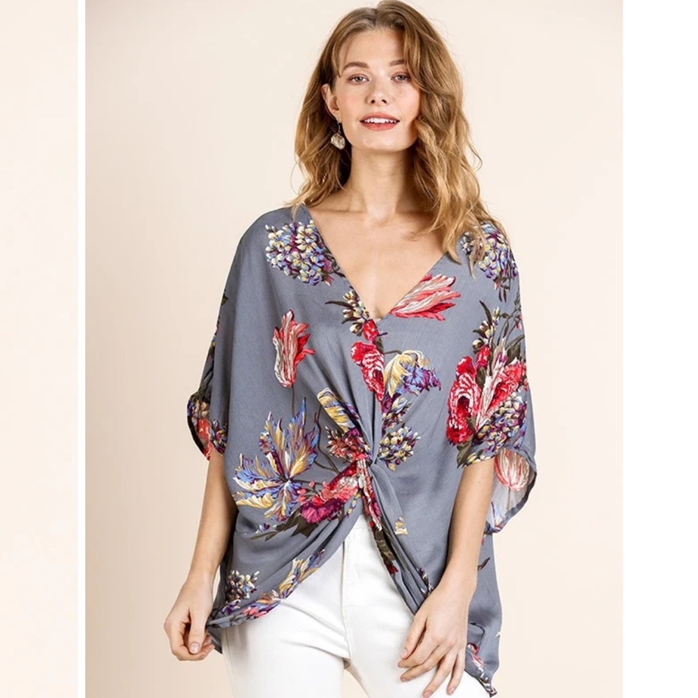 Umgee Top Blouse Women's Small Gray Floral Tie Knot V-Neck Boho Hippie